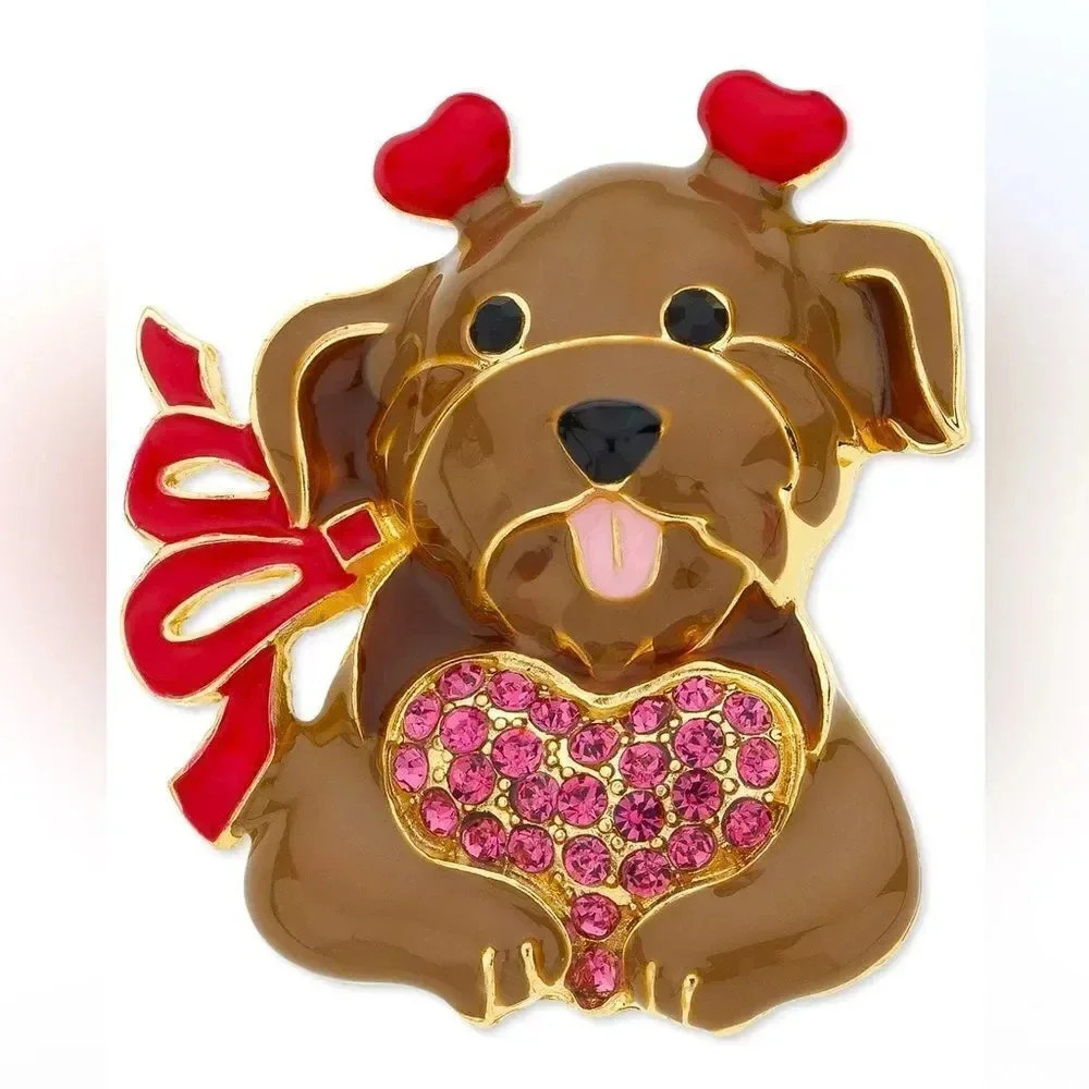 Dog Lover Brown Red Heart Gold Brooch